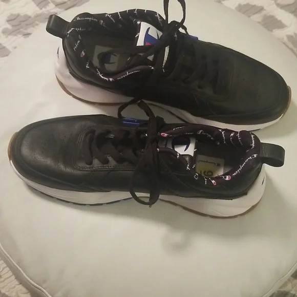Men's Champion Black Genuine Leather Sneakers with White Rubber Soles; Size 9 - Picture 3 of 10